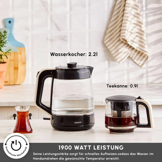 Karaca Glass Tea XL 2in1 Glas-Teekocher und Wasserkocher Creme
