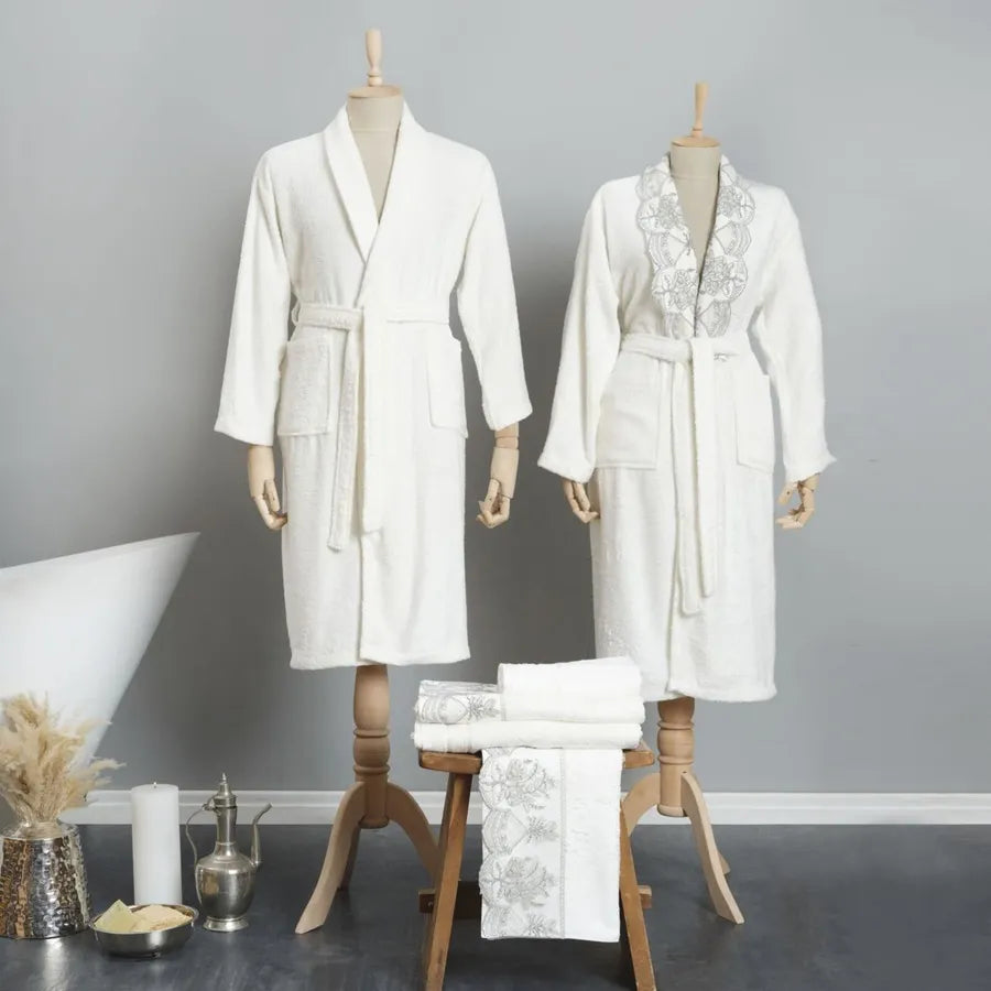 Karaca Home Monique Silver French Lace Bamboo Family Bathrobe Set ...