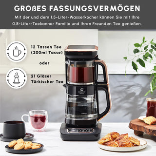 Karaca Caysever Robotea Pro 4 in 1 sprechender automatischer Glas Teekocher Schwarz,Kupfer
