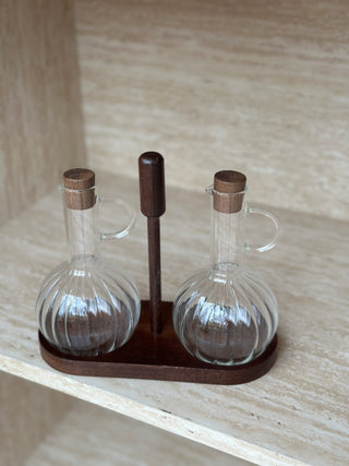 Jam Vinegar and Oil Bottle Set, Wood Relief