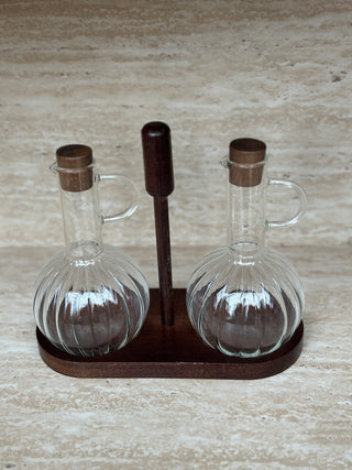 Jam Vinegar and Oil Bottle Set, Wood Relief
